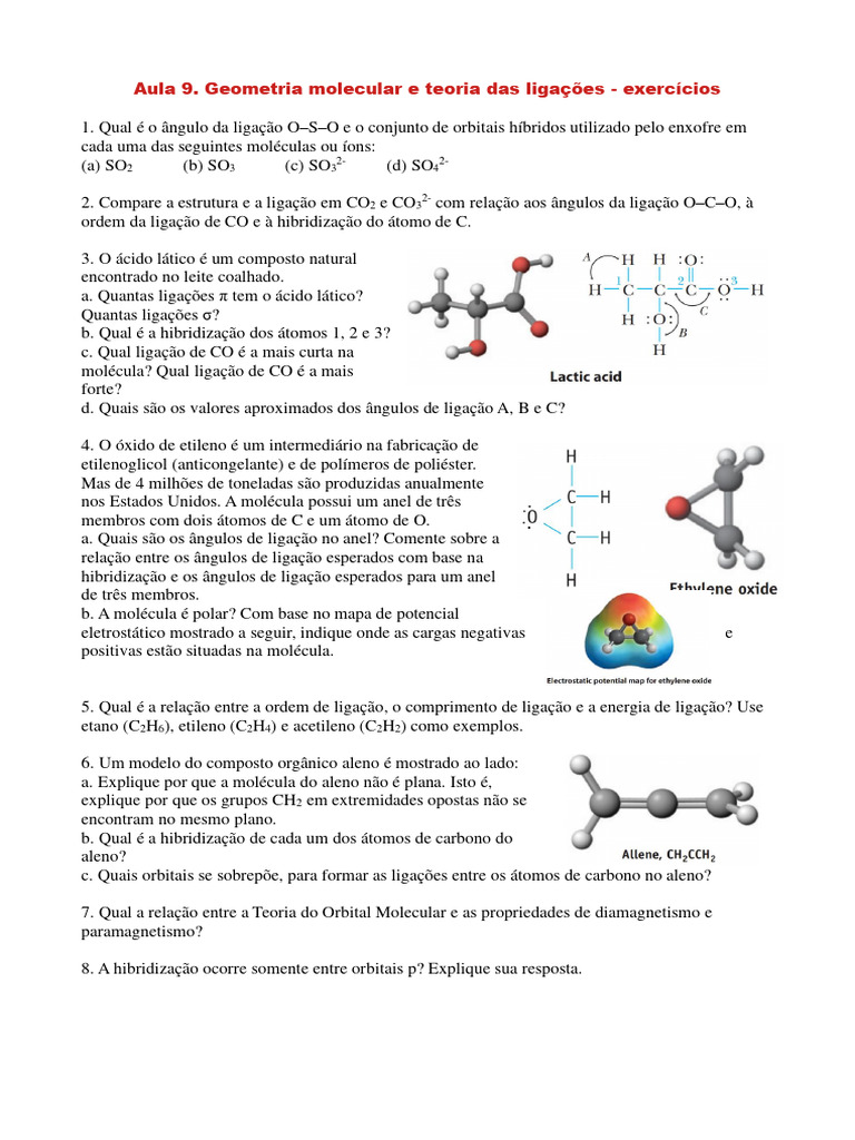 Aula 9 - Geometria Molecular Teoria Ligacoes - Exercicios | PDF