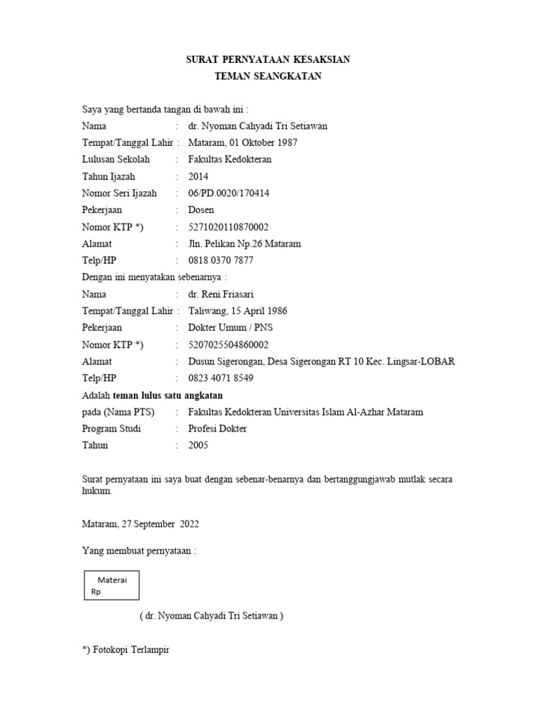 Surat Pernyataan Saksi - Unizar | PDF