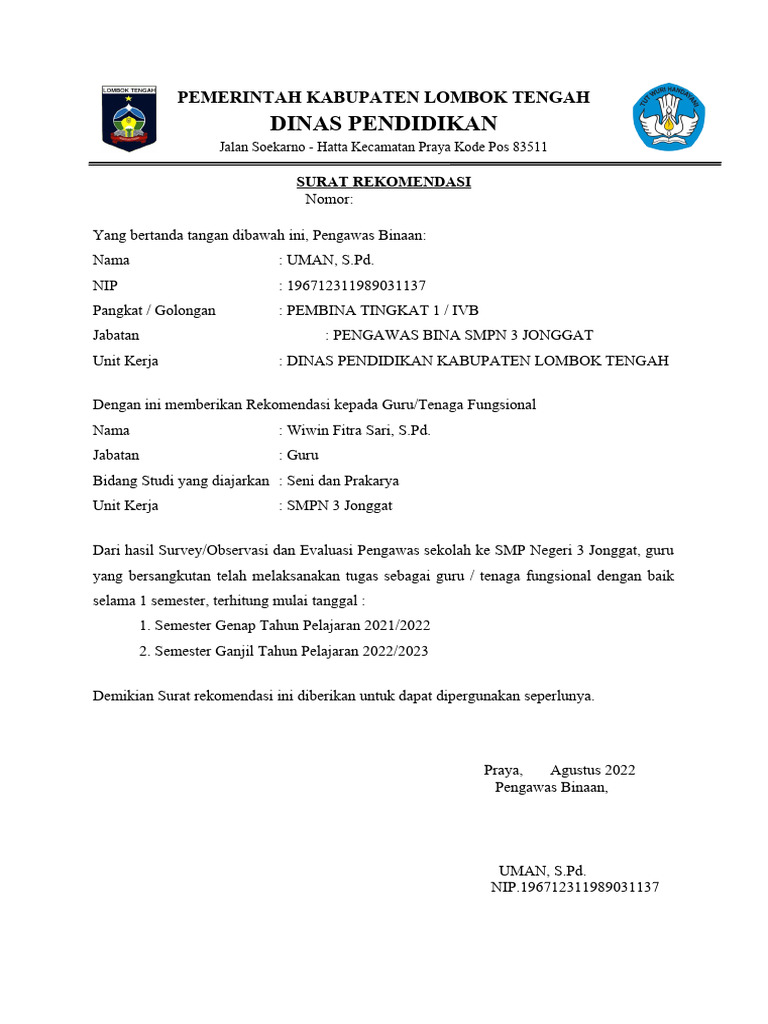 Contoh SURAT REKOMENDASI | PDF