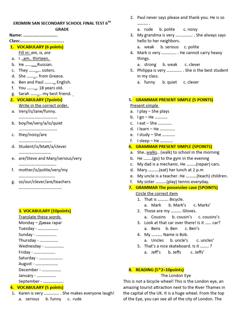 5th Grade Final Test | PDF
