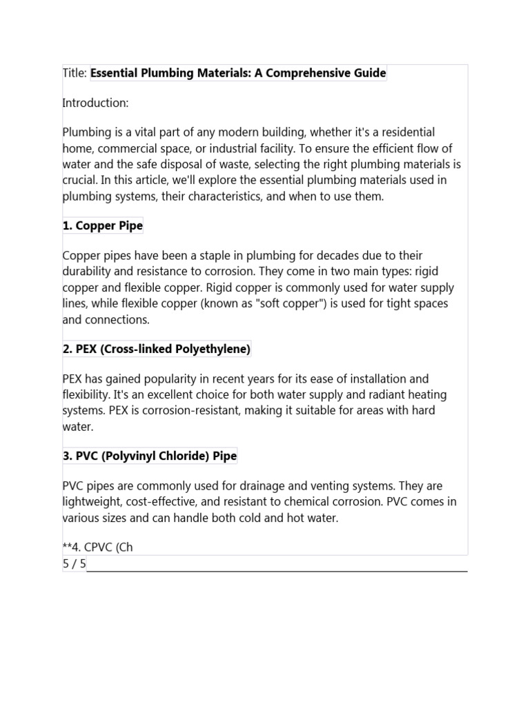 Essential Plumbing Materials Guide | PDF