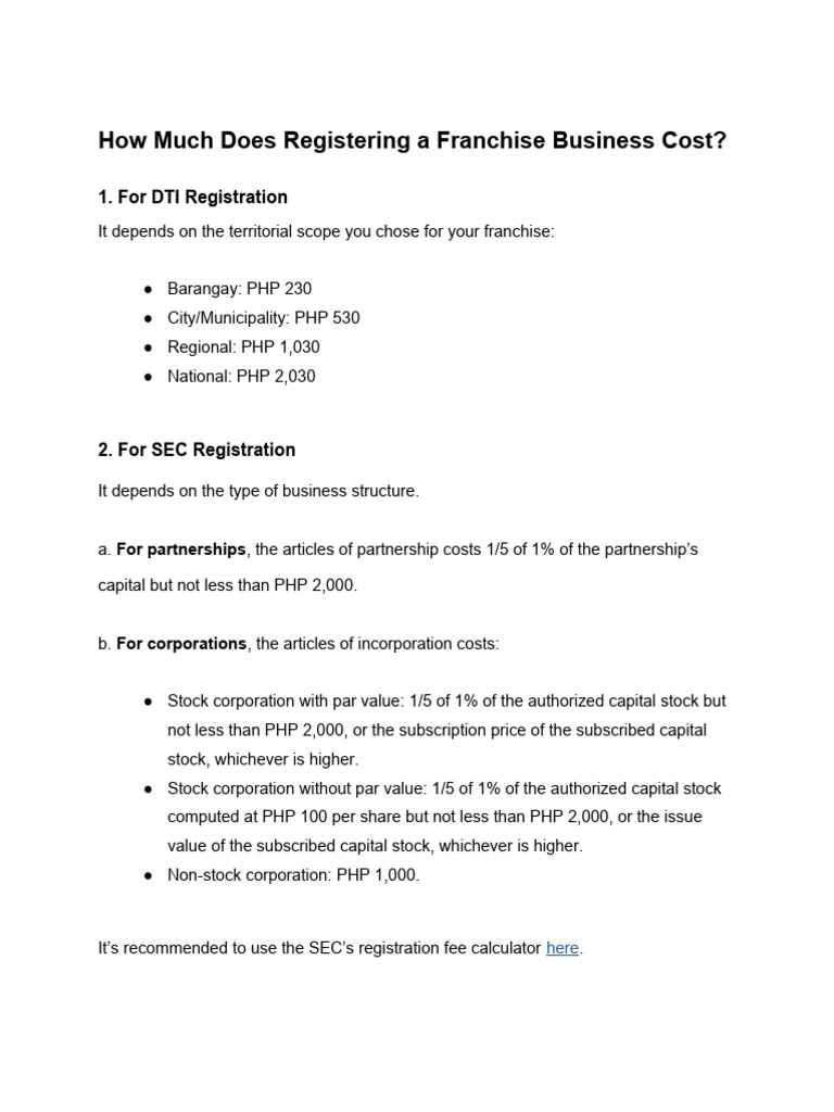 How Much Does Registering A Franchise Business Cost PDF Franchising