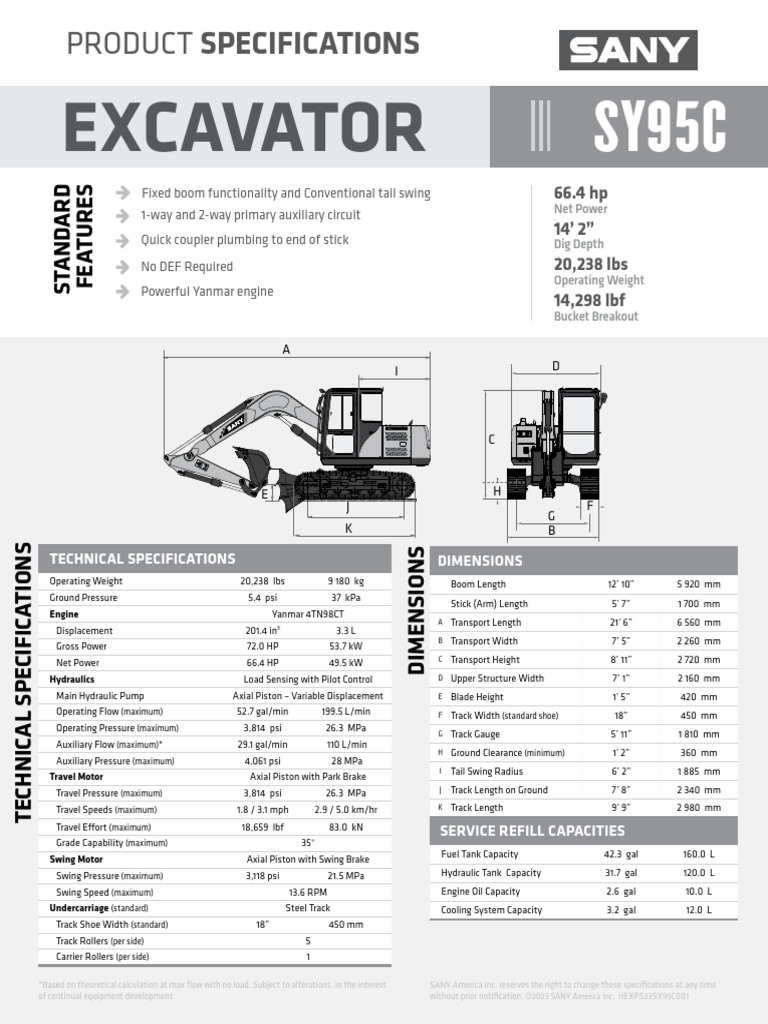 SANY SY95C Excavator Specifications | PDF | Manufactured Goods