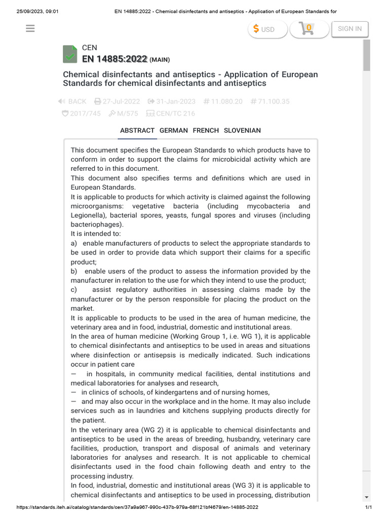EN 14885 2022 Chemical Disinfectants and Antiseptics Application