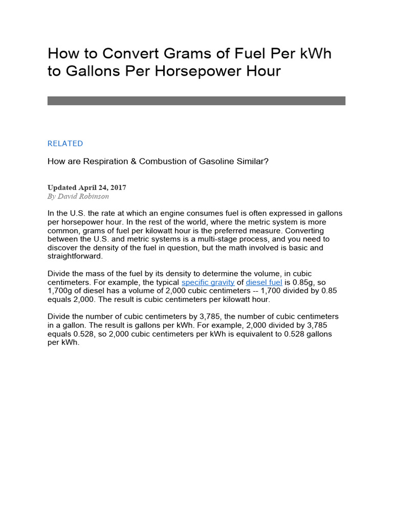 How To Convert Grams of Fuel Per KWH To Gallons Per Horsepower Hour PDF