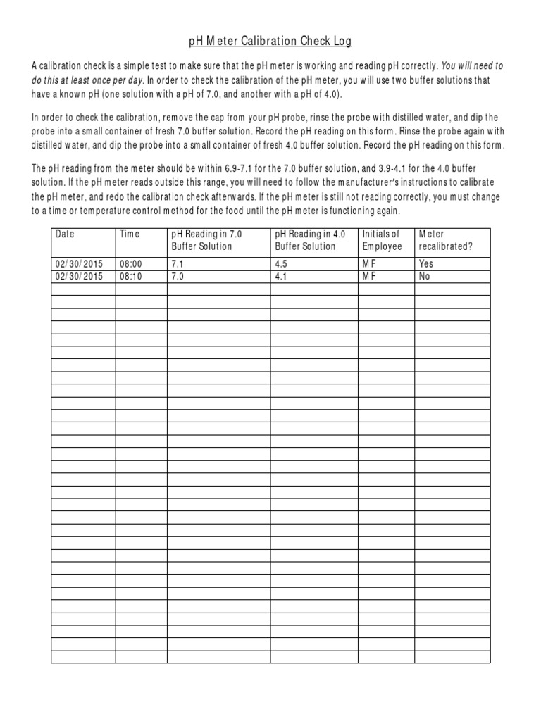 PH Meter Calibration Check Log 1 PDF