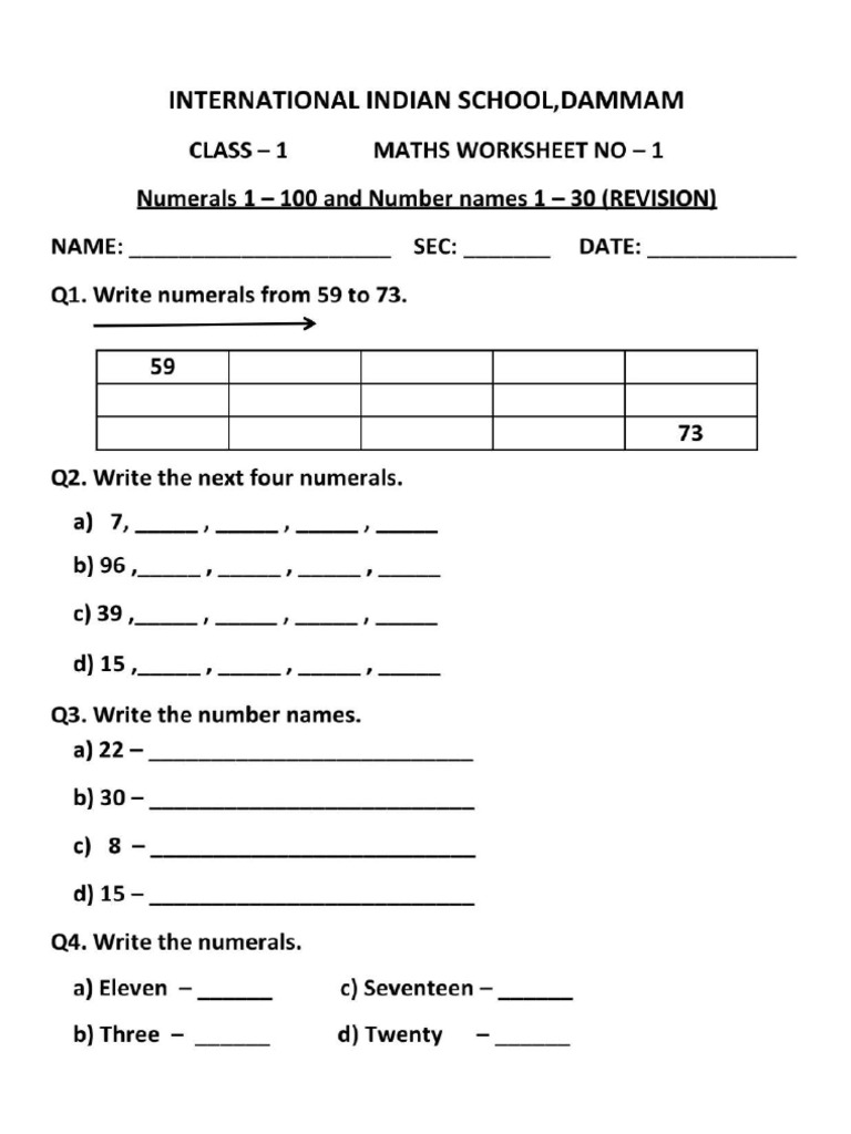 Class 1 Maths Worksheet 1 y 23 PDF