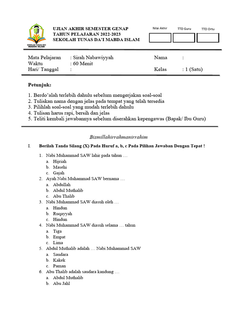 Soal Sirrah Nabawiyyah Kelas 2 SD | PDF