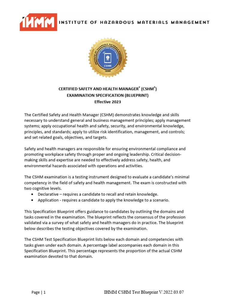 2022 CSHM Blueprint PDF Occupational Safety And Health Safety
