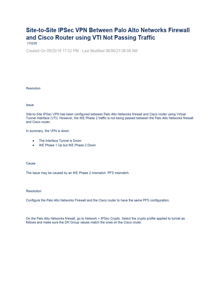 SitetoSite IPSec VPN Between Palo Alto Networks Firewall and Cisco