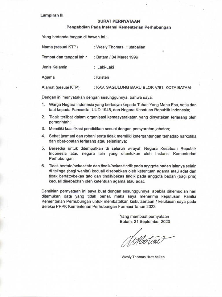 Surat Pernyataan Pengabdian Instansi095 | PDF