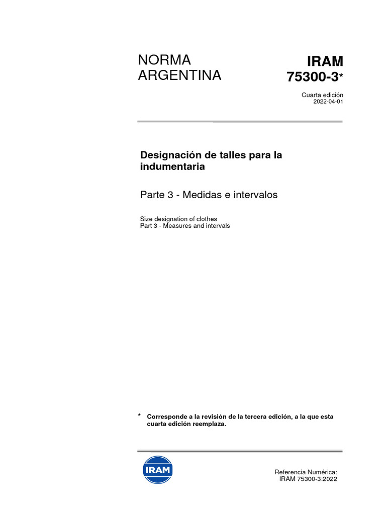 Designación de Talles IRAM 75300-3 | PDF | Estandarización | Regulación