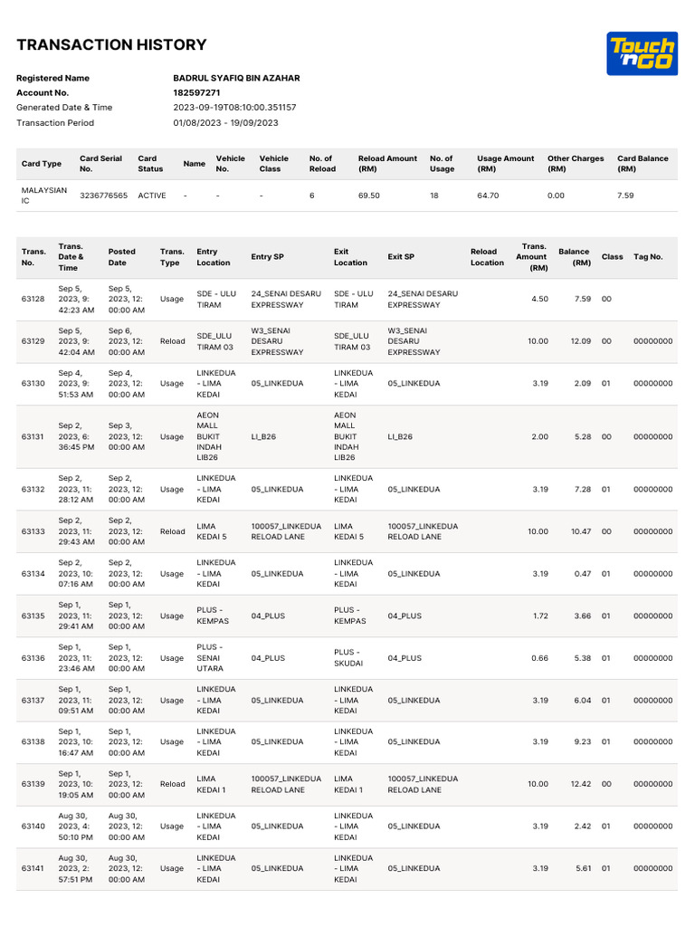 Transaction History Aug-Sep 2023 | PDF | Banking Technology | Payments