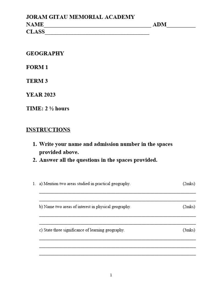 Geography f1 Term 3 Exam 2023 | PDF | Rain | Geography