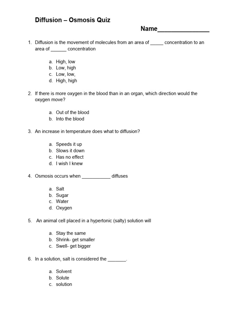 Diffusion Vs Osmosis Quiz PDF