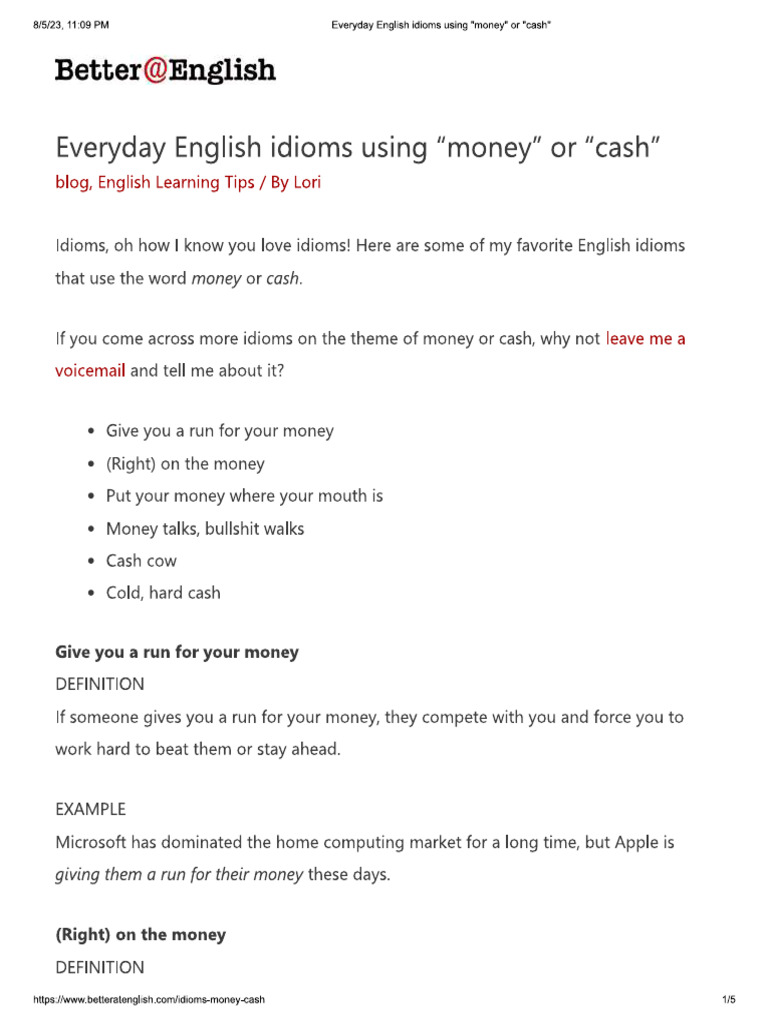 English Idiom Using Money and Cash PDF