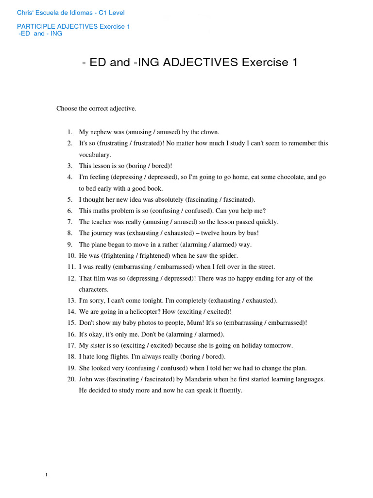 ED and - InG ADJECTIVES Exercise 1 - Chris' Escuela de Idiomas | PDF ...