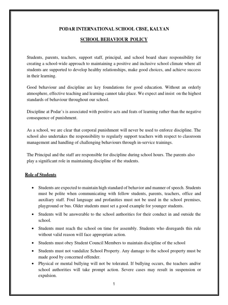 Podar International School Behavior Policy | PDF | Teachers | Bus