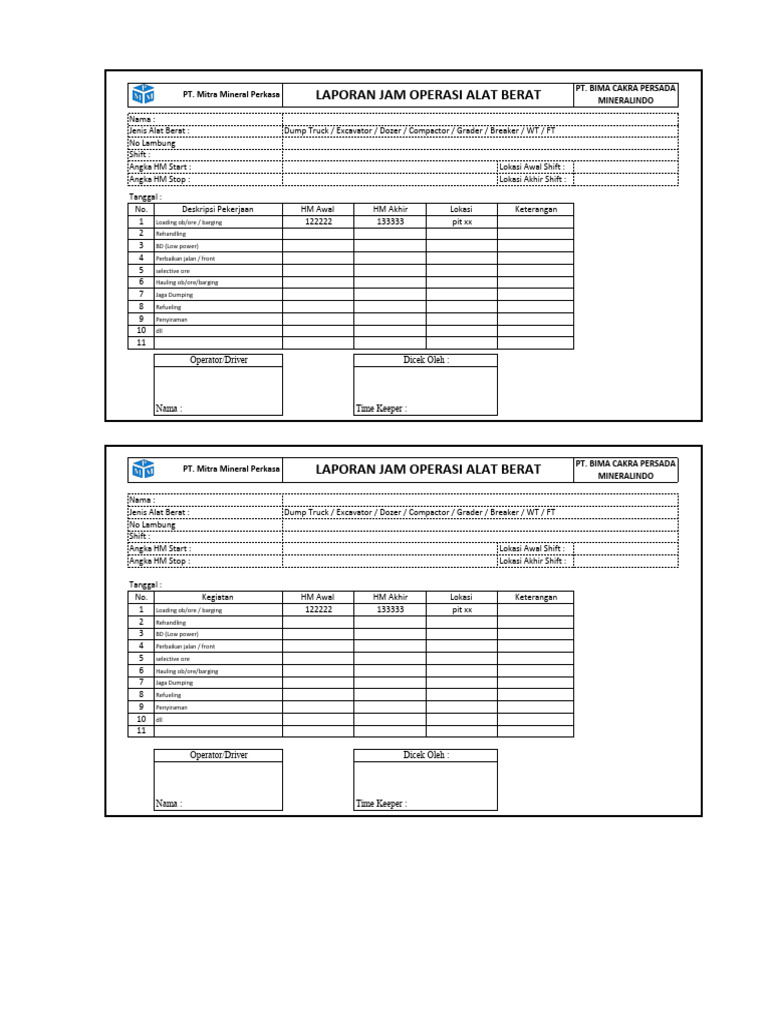 Laporan Jam Operasi Alat Berat | PDF