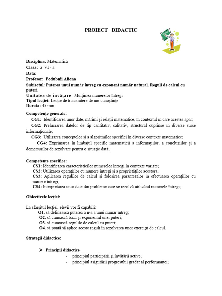 Proiect - Didactic - 6 - Puteri Numar Intreg | PDF