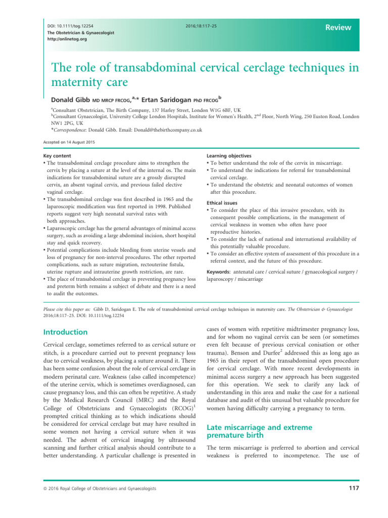 The Role of Transabdominal Cervical Cerclage Techniques in Maternity | PDF