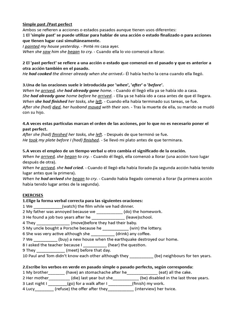 Diferencias entre pasado simple y perfecto | PDF | Artes del Lenguaje y ...