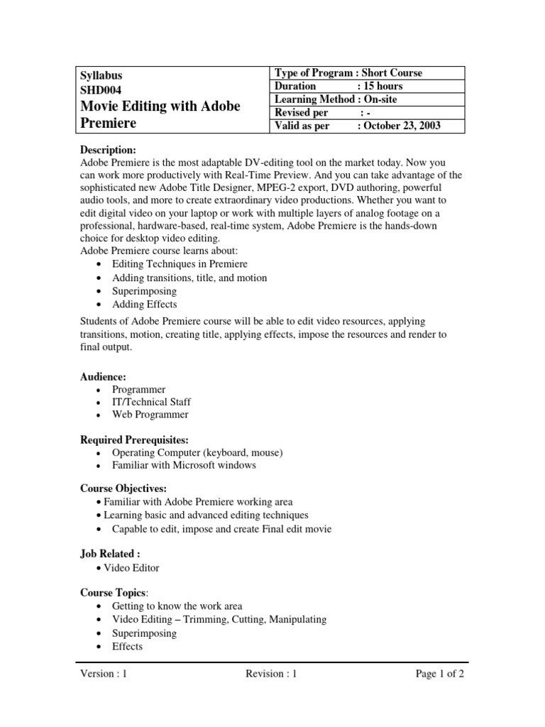 Adobe Premiere Movie Editing Course | PDF | Art