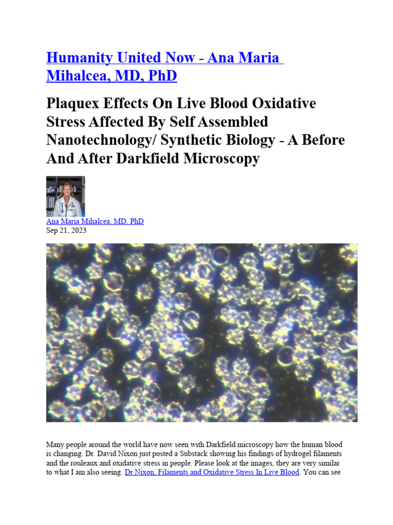 Plaquex Effects On Live Blood Oxidative Stress Affected by Self Assembled Nanotechnology