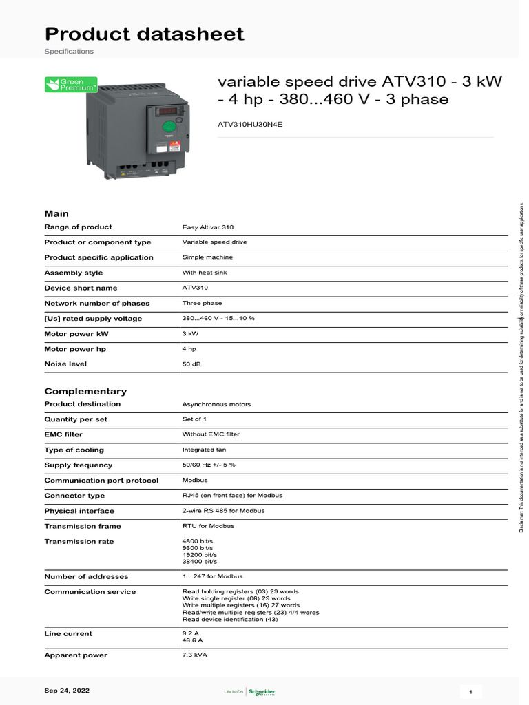 ATV310 Variable Speed Drive Datasheet | PDF