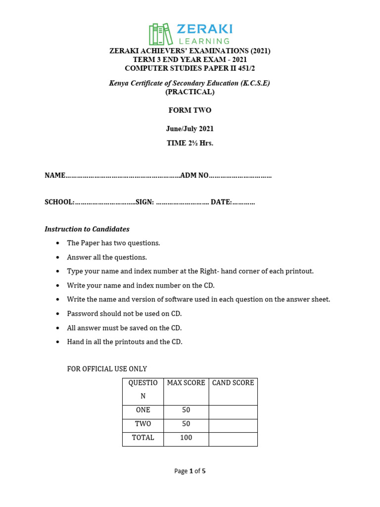 Form 2 Computer Studies Exam Paper 2 | PDF