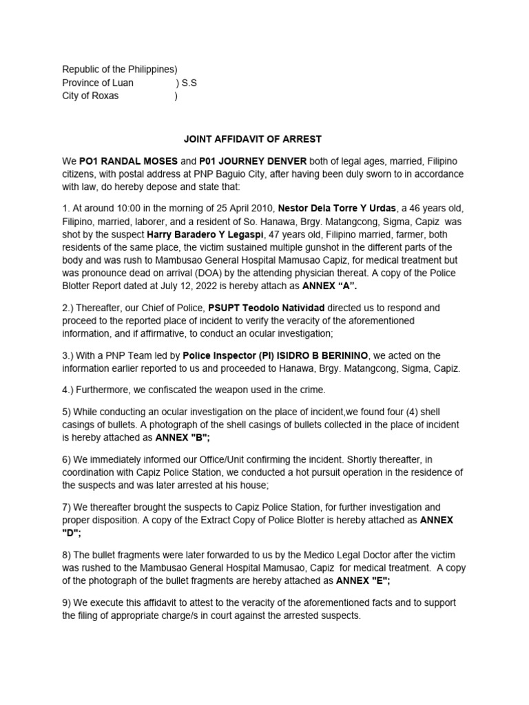 Joint Affidavit of Arrest PDF Affidavit Crimes