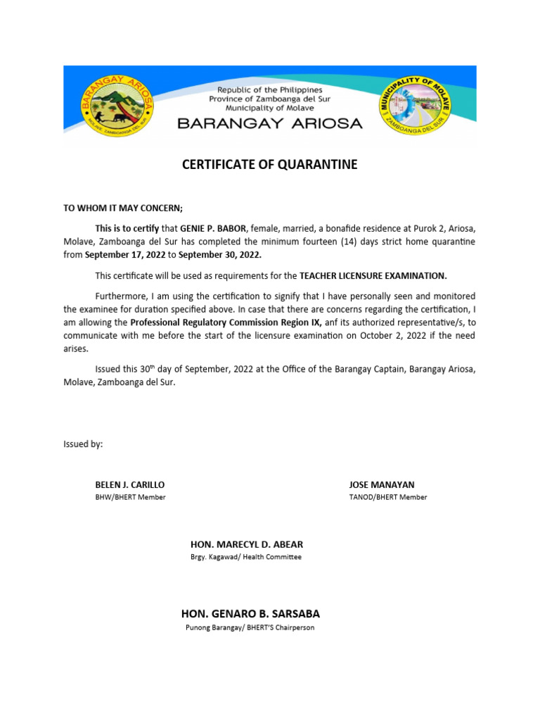 Certificate of Quarantine PDF