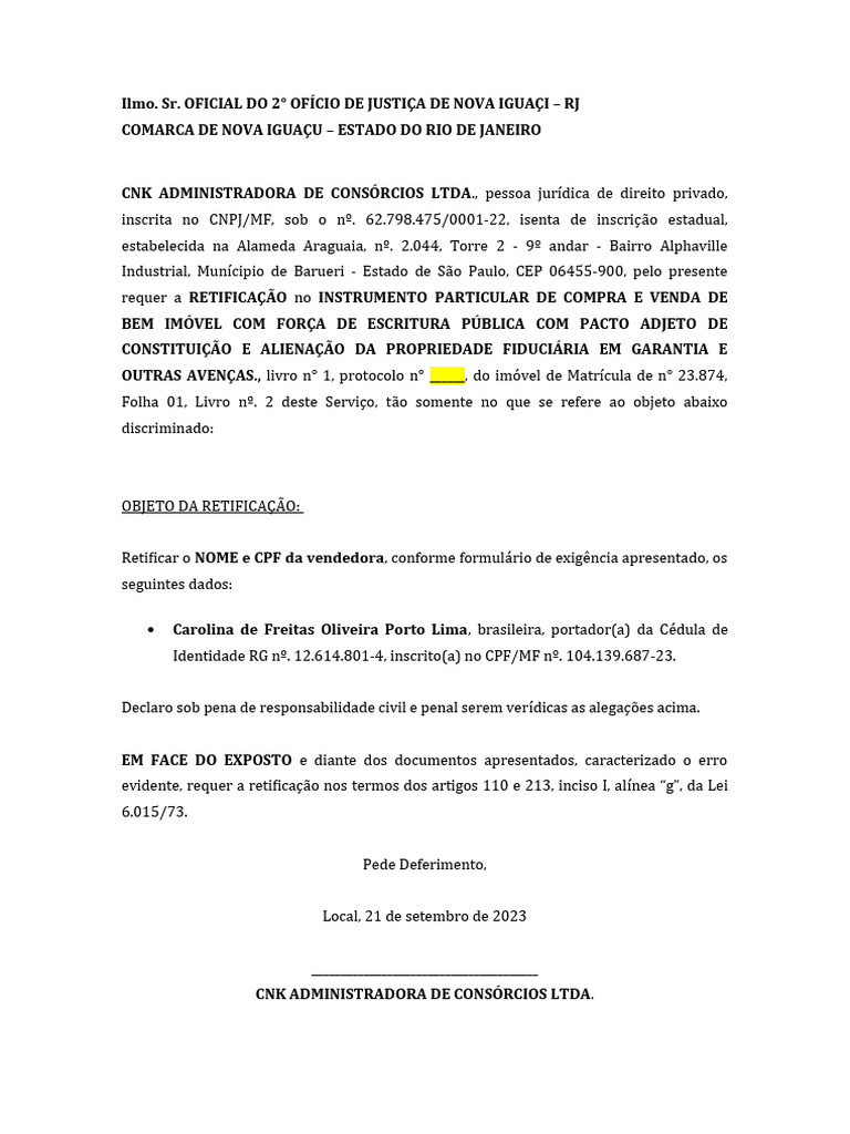 Requerimento de Retificação - Cartorio de Imoveis | PDF