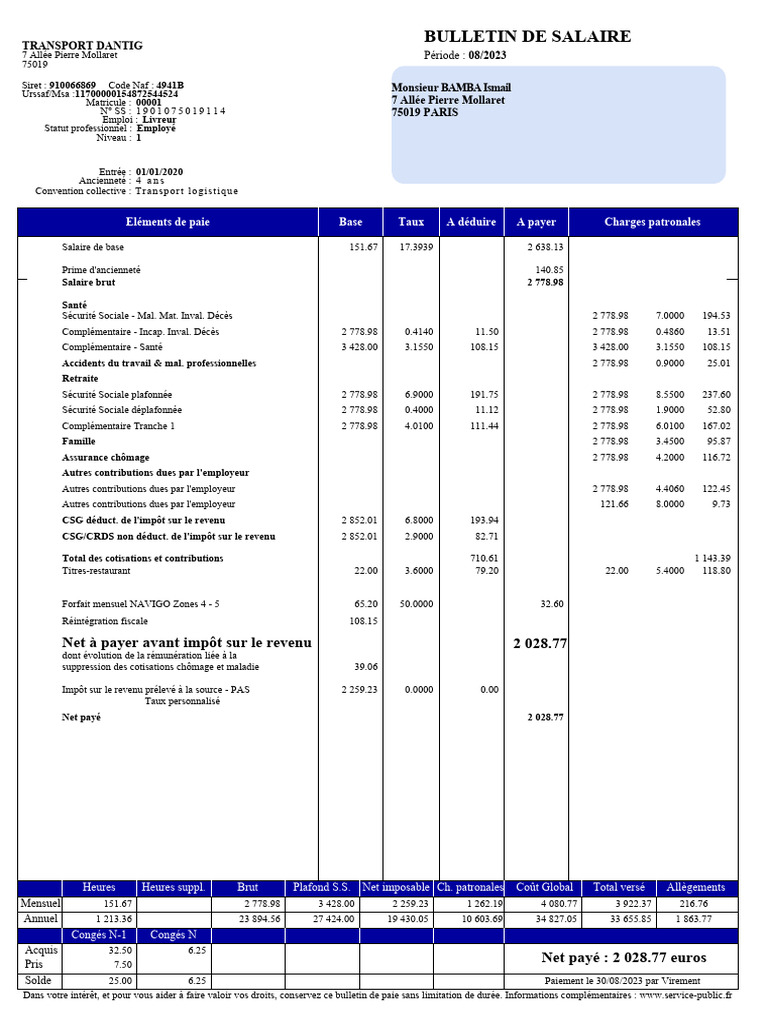 Bulletin de salaire - Août 2023 | PDF | Salaires | Impôt sur le revenu