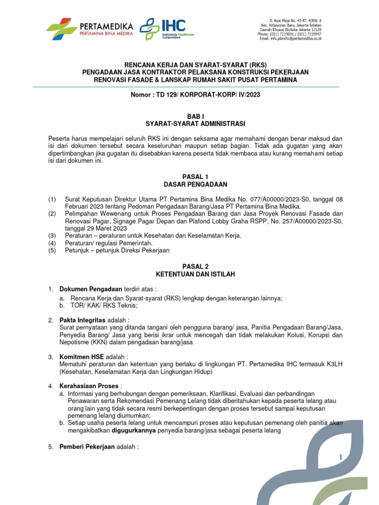 RKS Pengadaan Renovasi RSPP Pertamina | PDF | Bisnis