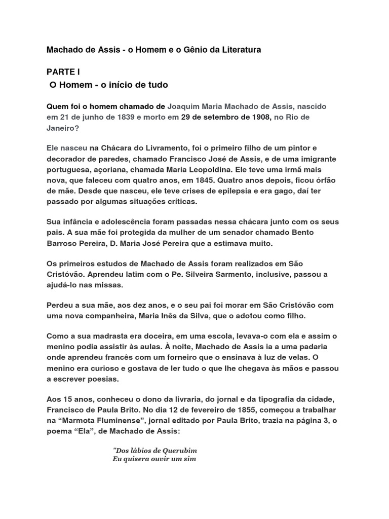 Machado de Assis - o Homem e o Gênio Da Literatura (Texto Eliane) | PDF ...