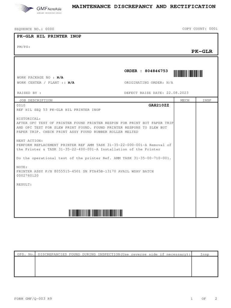 PK-GLR Printer Maintenance Log | PDF | Aircraft | Aviation