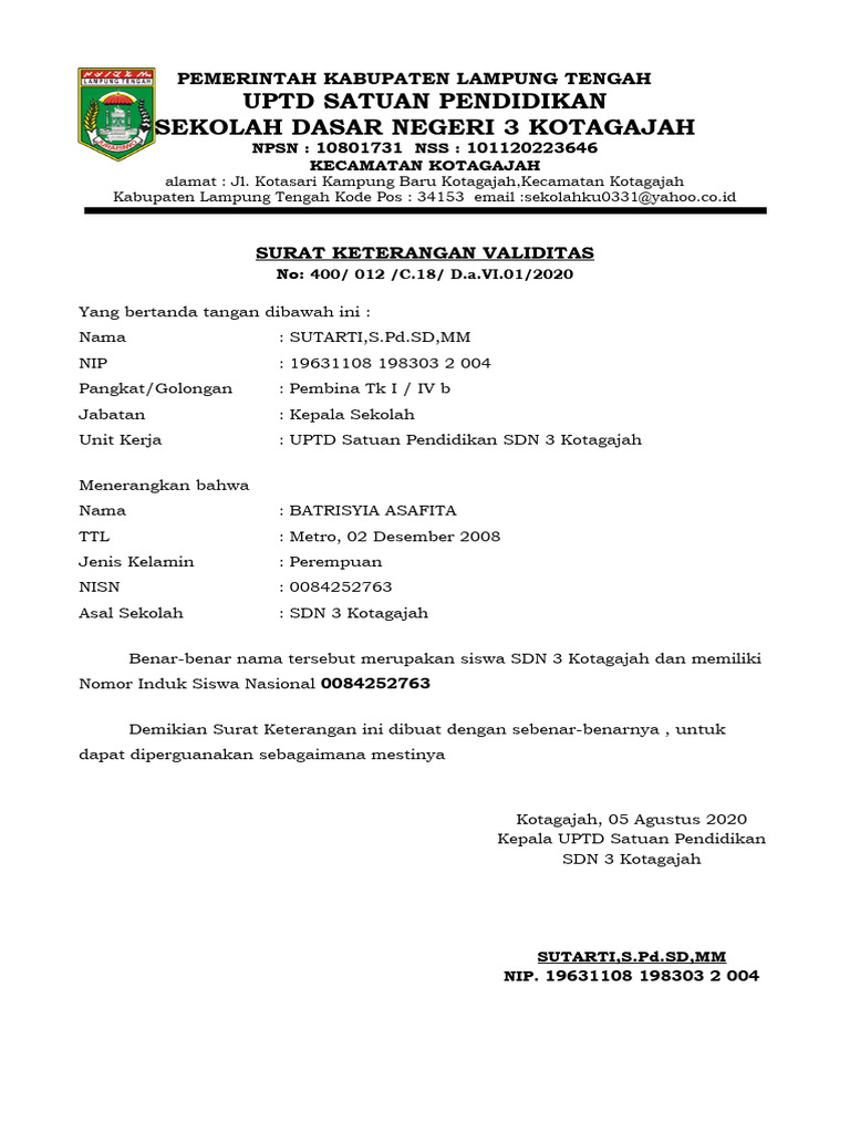 Surat keterangan validasi nisn pdf