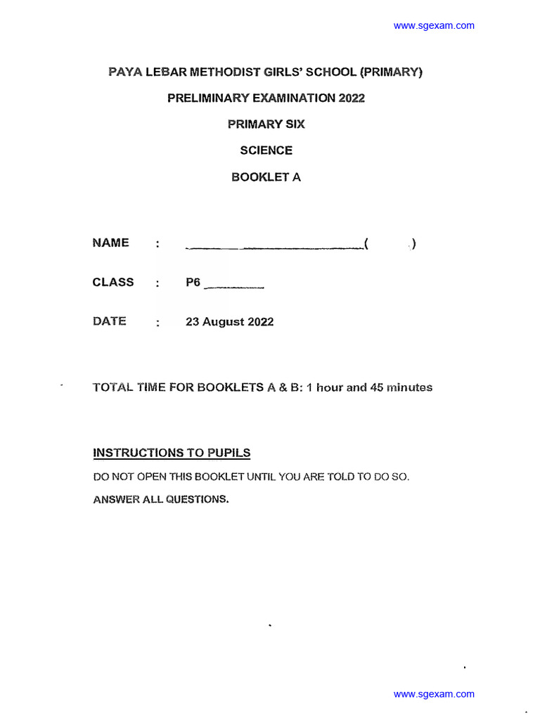 PLMGS Primary Six Science Exam 2022 | PDF