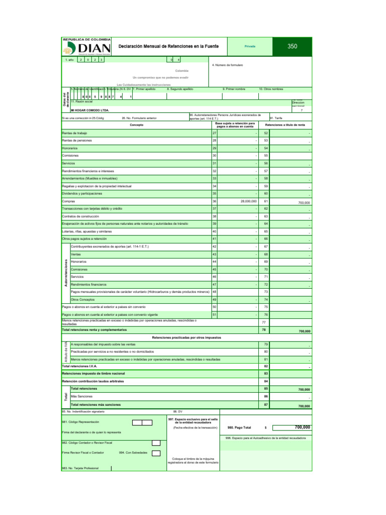 Instructivo Formulario 350 DIAN | PDF | Economias | Pagos