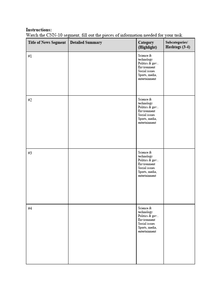 CNN10 Worksheet PDF Cognition Entertainment