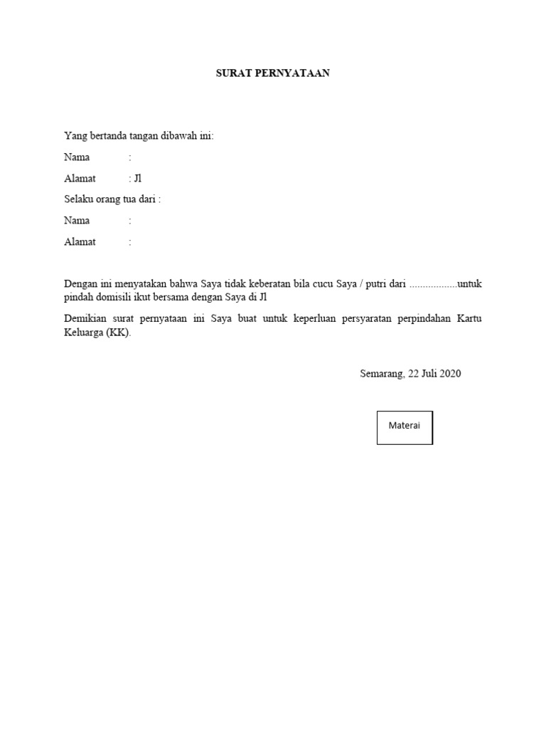 Surat Pernyataan Pindah KK | PDF