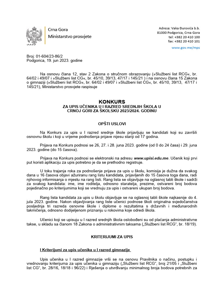 Konkurs Za Upis Ucenika U Prvi Razred Srednje Skole Za Skolsku 2023