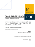 Satisfacción Laboral y Desempeño de Los Trabajadores Del Grupo de Estudios La de Lima, 2018