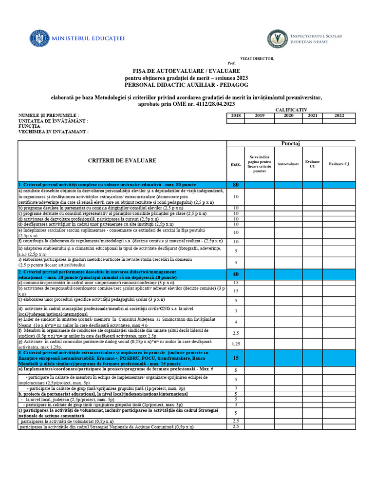 Fisa Autoevaluare PEDAGOG 2023 | PDF