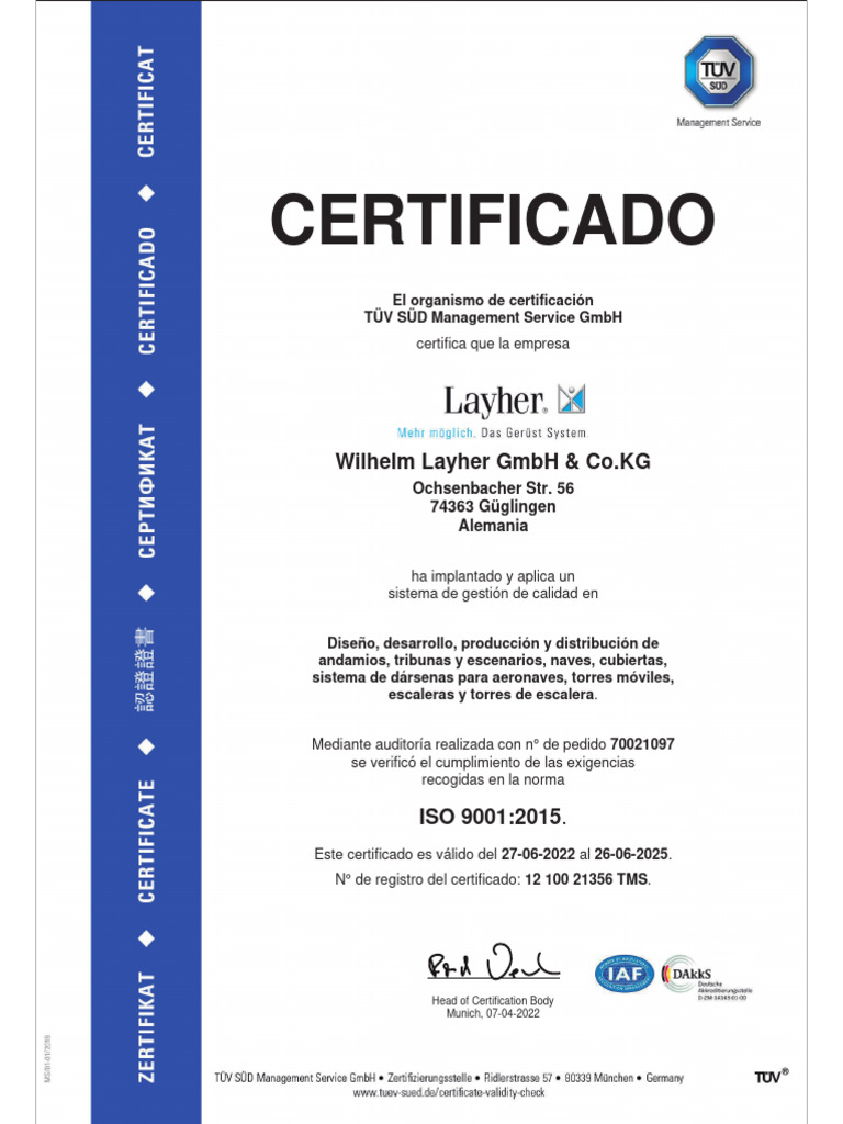 Certificación ISO 9001 2015 Layher | PDF
