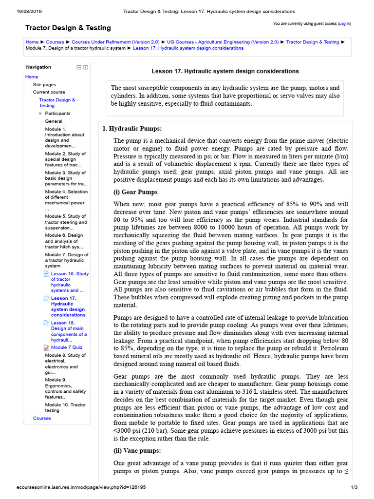 Tractor Design Testing Lesson 17 Hydraulic System Design