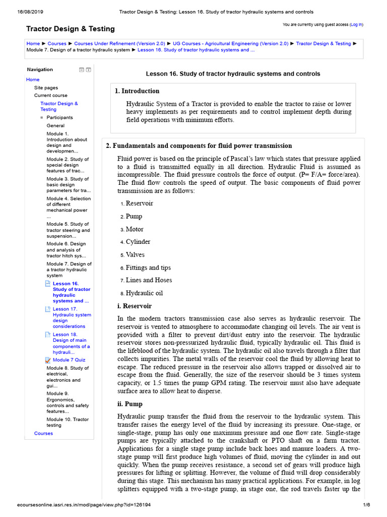 Tractor Design Testing Lesson 16 Study Of Tractor Hydraulic