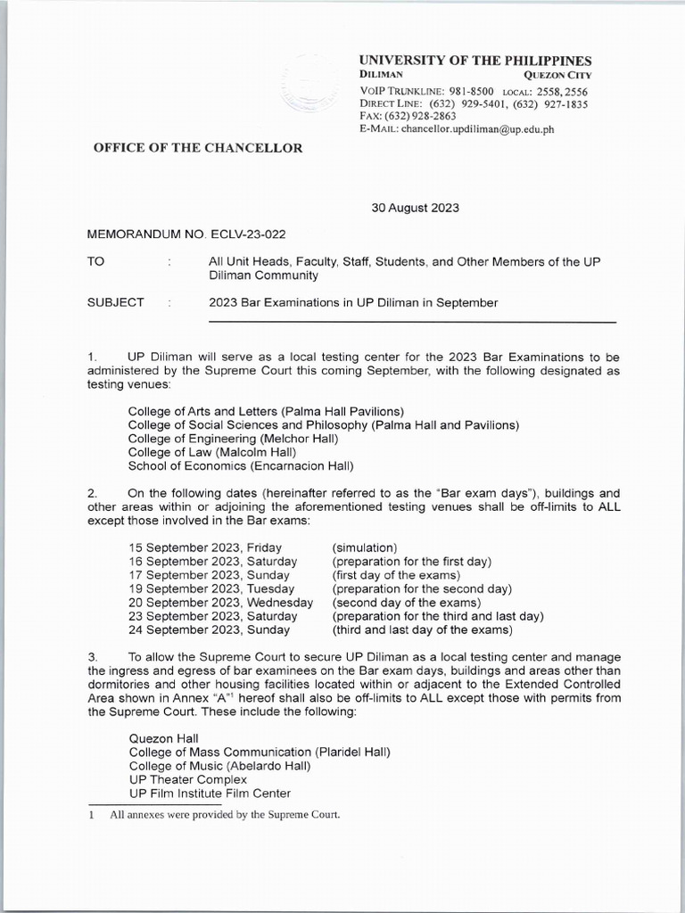 MEMO No. ECLV 23 022 2023 Bar Examinations in UP Diliman in September 2