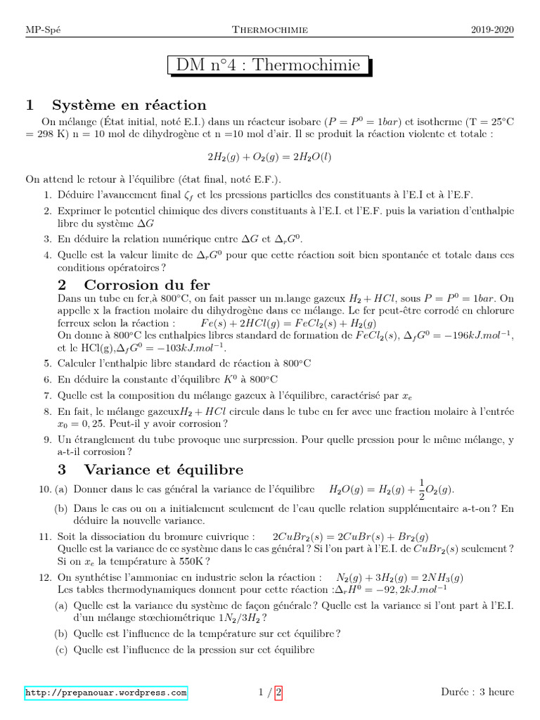 DM nc2b04 de La Thermochimie | PDF | Équilibre chimique | Chimie